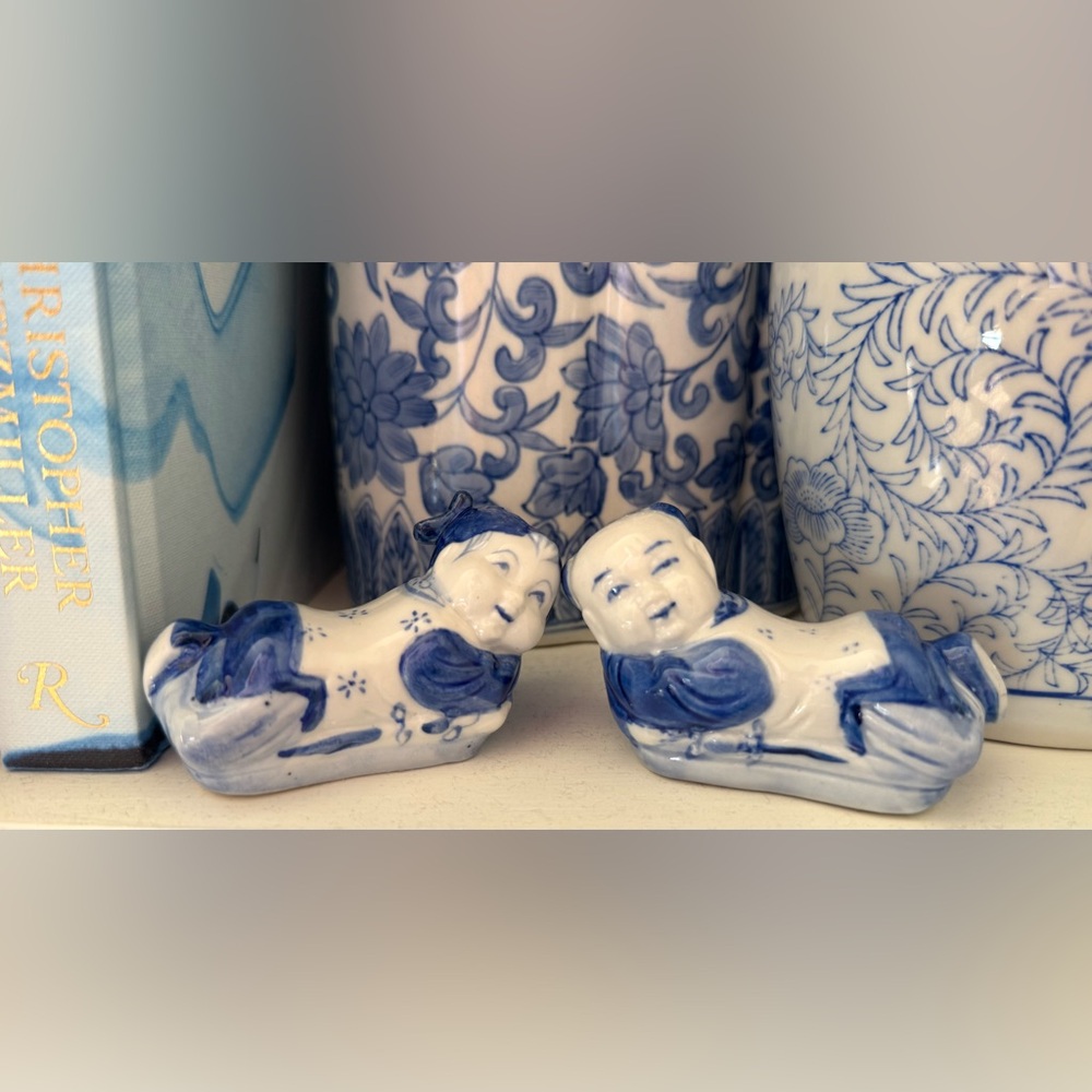 Vintage Chinese blue & white boy and girl figurines